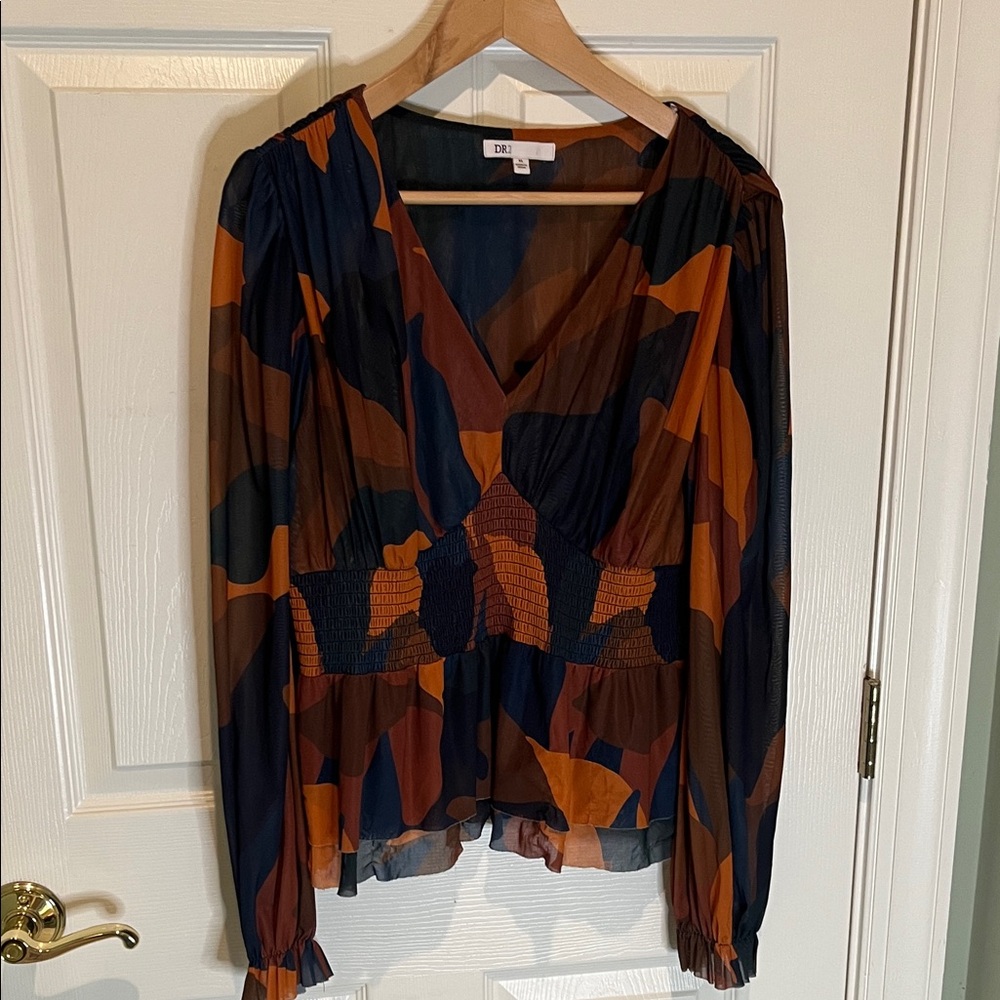 DR2 Navy, Rust & Brown Abstract V-Neck Smocked-Waist Blouse